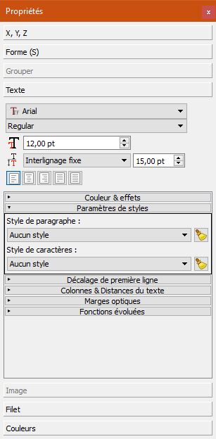 fenêtre propriétés onglet texte sélection du style